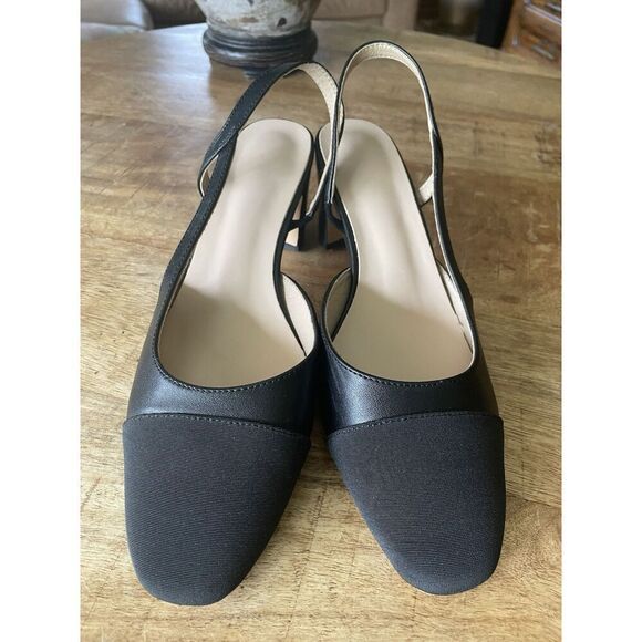Elegant Black Leather Slingback Block Heel Pumps Square Toe Size 8.5 Classic - Picture 2 of 9